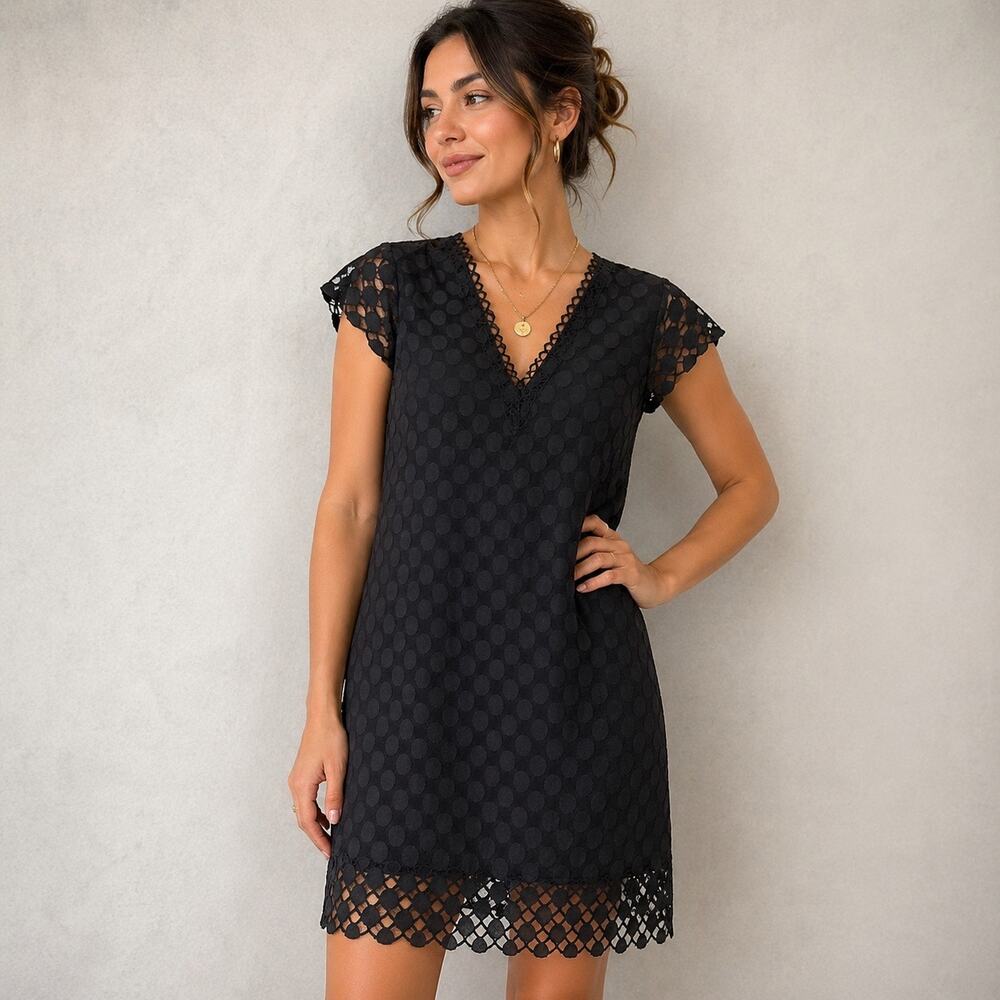 Enfocus Studio Black Swiss Dot Lace Trim Shift Dress Sz 8